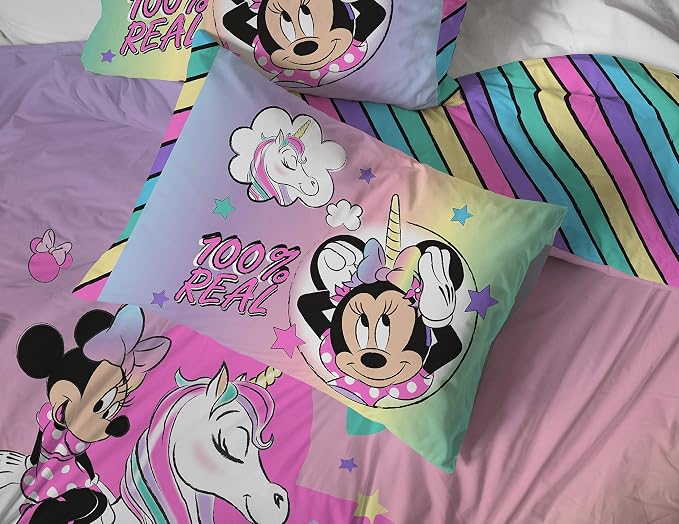 Disney Minnie Mouse Full Size Comforter Set 7 Piece Kids Bedding, Pink | Unicorn, Comforter Sheets Shams Pillowcases, Official Product, Soft Microfiber, Machine Washable, Girls Gift
