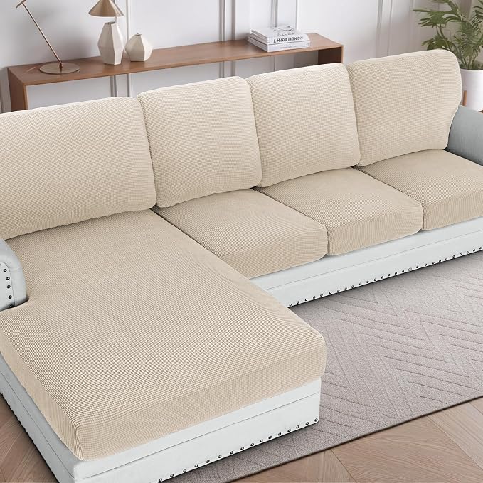 H.VERSAILTEX Sectional Couch Covers 4 Pieces Sofa Seat Cushion Covers L Shape Separate Cushion Couch Chaise Cover for Both Left/Right Sectional Couch (Seat Only: 1 Chaise + 3 Sofa, Natural)