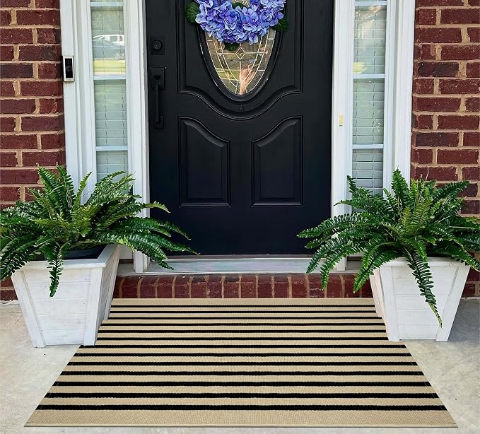 Front Door Mat Outdoor 24"x35", Tan and Black Layered Doormat Cotton Woven Washable Striped Indoor Outdoor Area Rug for Entryway Porch Decor Home Entrance