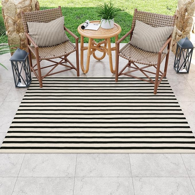 OJIA Washable Area Rugs 4'x6' Black and Cream Outdoor Rug Porch Patio Decor | Cotton Woven Entryway Rugs Indoor Striped Patio Rug Carpet for Bedroom/Front Porch/Deck/Backyard/Home Outside Entrance Decor