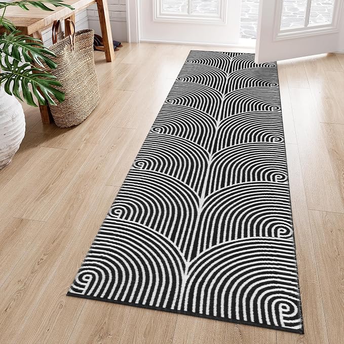 Tiffasea Washable Runner Rug 2'x7' Long Hallway Runner Indoor Outdoor Rugs | Reversible Black Kitchen Runner Cotton Hand-Woven Modern Area Rug Carpet Runners for Bathroom Bedroom Entryway Laundry Room