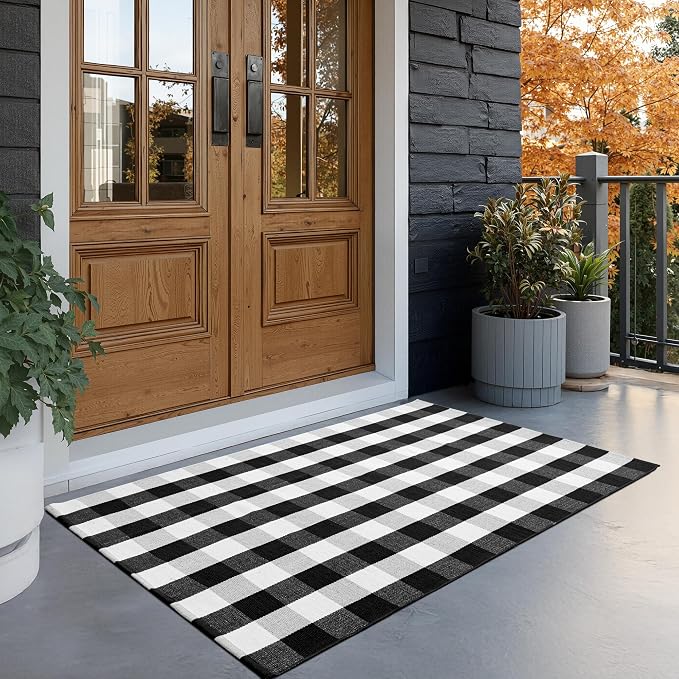 joybest Buffalo Plaid Rug 3 x 5 ft Black and White Checkered Area Rug Cotton Hand-Woven Indoor Outdoor Rugs Carpet for Patio, Living Room, Dining Room, Bedroom