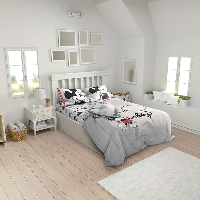 Disney Mickey Mouse Twin Comforter Set 4 Piece Cartoon Bedding, Gray | Bed in a Bag, Comforter Sheets Pillowcase, Official Product, Soft Microfiber, Machine Washable, Easy Care, Kids Gift