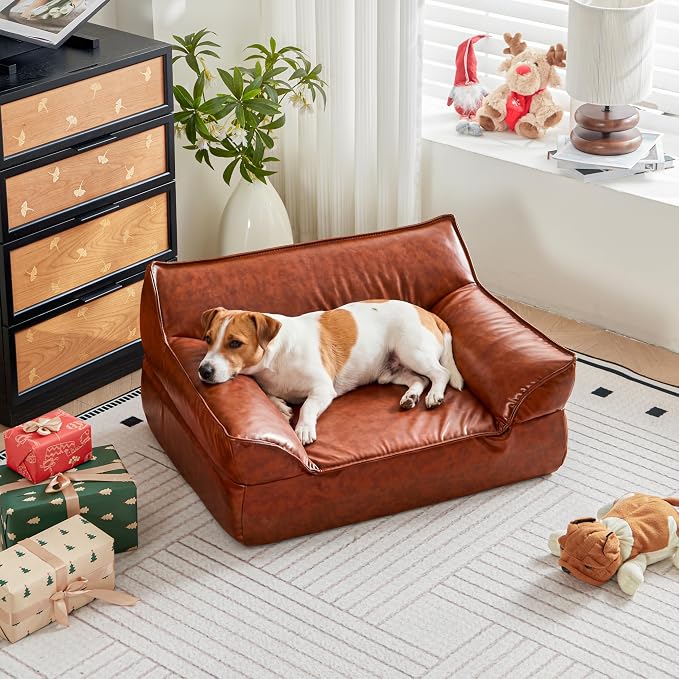 Dog Couch Bed Leather Cat Sofa for Small and Medium Pets Under 50 lbs, Brown Mid Century Modern Elevated Dog Sofa Chair Luxurious Indoor Furniture Style Pet Supplies for Puppy