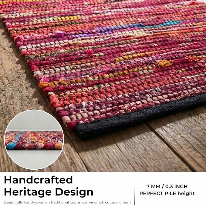 Ramanta Home Cotton Chindi Hand Woven Rug - 2x3 ft Multi Color, Reversible Area Rugs for Indoor, Outdoor, Living Room, Kitchen, Entryway | Boho Door Mat for Home Decor - 24x36 Inches