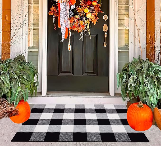 Black and White Layered Doormat 24''x35''Buffalo Plaid Checkered Rug Cotton Machine Washable Mat for Front Porch, Kitchen, Farmhouse, Entryway,Bathroom