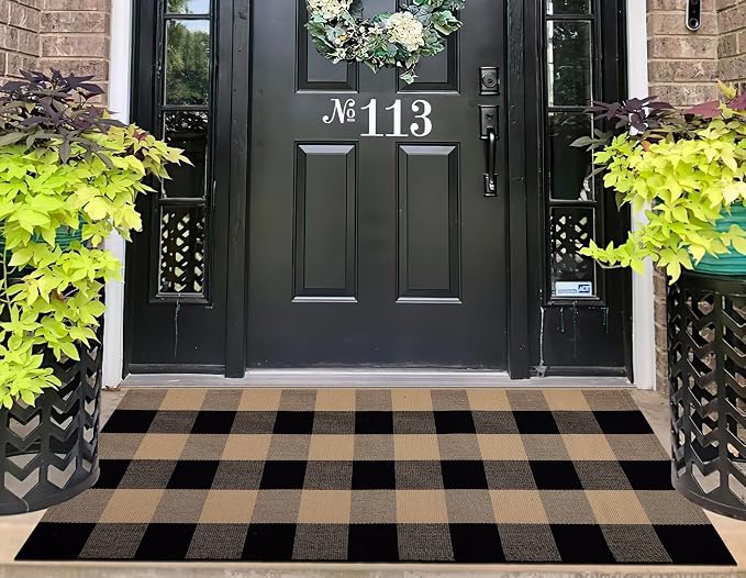 Front Porch Rug 2'X4.3' Tan and Black Spring Outdoor Porch Rug Cotton Woven Washable Door Mats Outdoor for Welcome Hello Layered/Entrance/Bedroom/Living Room