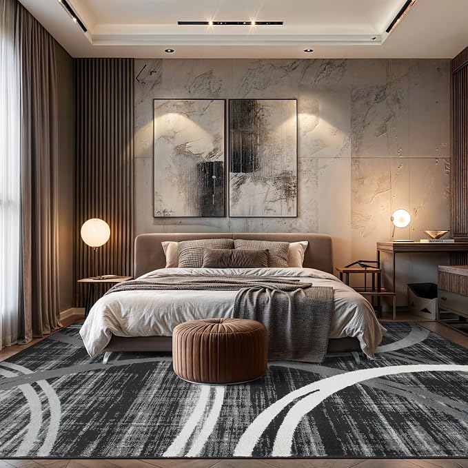 Rugshop Wavy Circles Modern Non-Shedding Large Area Rug Black 8'8" x 12' | High Traffic,Fade Resistant, Living Room, Bedroom, Dining Room, Home Office, Kitchen, Entryway, Hallway, Nursery,Basement