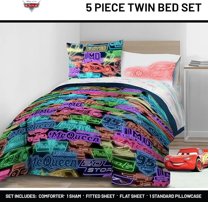 Disney Pixar Cars McQueen Twin Comforter Set 5 Piece Kids Bedding, Black | Neon Racecar, Bed in a Bag, Comforter Sheets Sham Pillowcase, Official Product, Soft Microfiber, Machine Washable, Boys Gift
