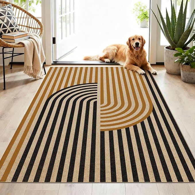 Washable Modern Easy Jute Rug 3x5, Black Outdoor Indoor Patio Abstract Geometric Neutral Small Rug, Woven Non Slip Thin Carpet Mat for Living Bedroom Entryway Front Door Farmhouse Doorway Kids