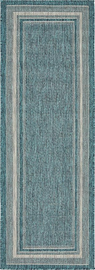 Unique Loom Outdoor Border Collection Area Rug - Soft Border (2'x 6' 1" Runner, Teal/ Ivory)