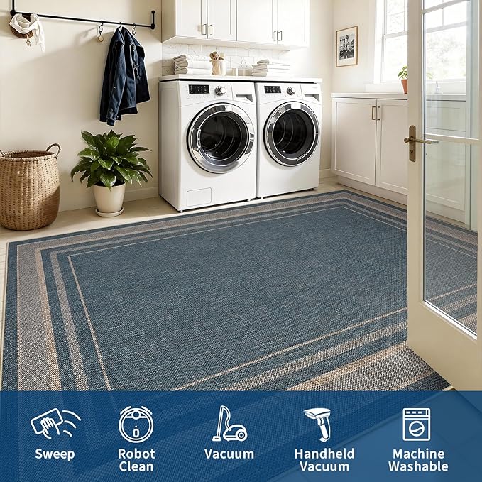 GarveeHome Easy Jute Rugs Neutral 6x9 Washable Living Room Bedroom Rug | Non Slip Stain Resistant Easy Jute Dining Room Throw Carpet Solid Area Rug for Kitchen Bedroom Nursery Home Decor, Blue
