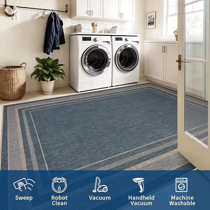GarveeHome 9x12 Large Area Rug for Living Room Easy Jute Modern Rugs | Non Slip Low Pile Neutral Bordered Solid Tan Dining Room Rugs Washable Carpet for Bedroom Home Office Decor, Blue