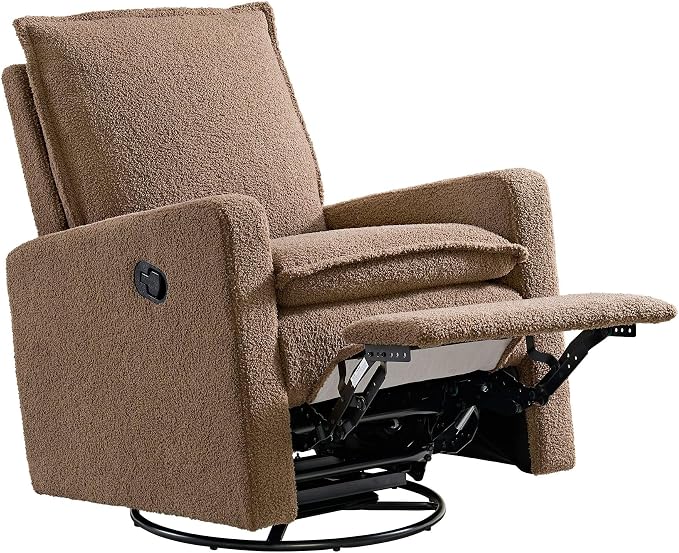 Oxford Baby Uptown Upholstered Glider Recliner Rocking Chair 360° Swivel for Nursery and Living Room - Teddy Brown, Green Guard Gold Certified