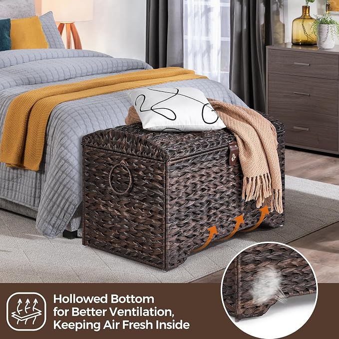 178L Handwoven Wicker Storage Basket with Lid, Large Storage Trunk | Leather Buckle Closure; Waterproof PP Wicker; Large Metal Ring Handles; Reinforced Steel Frame