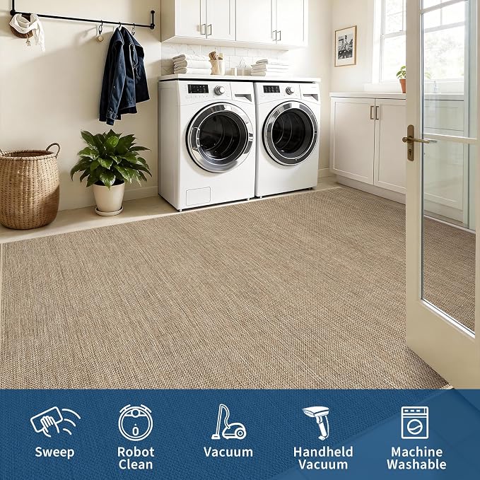 GarveeHome Hallway Runner Rug 2x10 Easy Jute Long Runner Carpet for Kitchen | Washable Modern Area Rugs Non Slip Stain Resistant Jute Throw Carpet for Bedroom Nursery Entryway Living Room, Tan