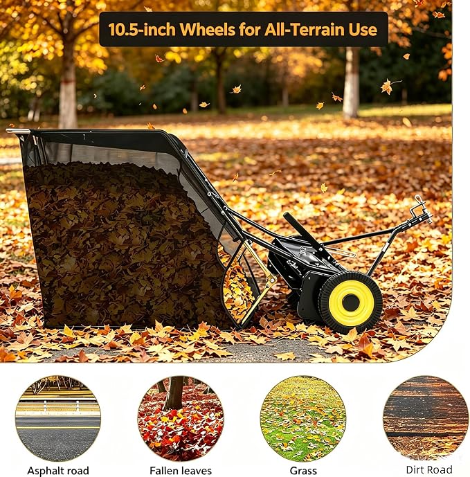 48" Large Capacity Pull Behind Lawn Sweeper with Adjustable Sweeping Height - Leaf & Grass Collector with Dumping Rope Design for Picking Up Grass and Debris