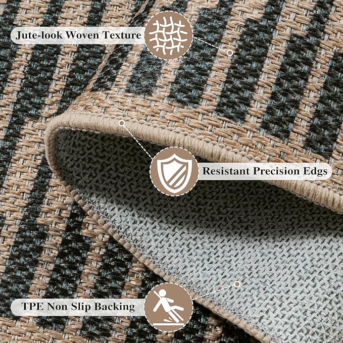 LIVEBOX Easy Jute Patio Rug 5x7, Washable Indoor Outdoor Area Rug Non Slip, Farmhouse Striped Carpet for Living Room, Office, Backyard, Dining Room (Black)