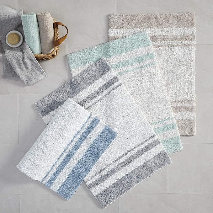 Madison Park Reversible Spa Cotton Bath Rug 100%-Cotton Striped Ultra Soft Water Absorbent, Fast Drying, Bath-Mats, Non-Slip Absorbent Quick Dry Mats for Tub, Shower Room, and Bathroom, 27x45, Aqua
