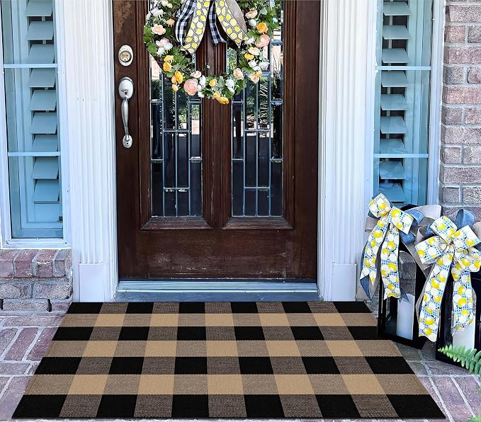 Tan and Black Door Mats Outdoor 27.5''X 43.3''Checkered Spring Front Porch Rug Cotton Washable Small Area Rug for Hello Welcome Layered Entryway Bedroom Living Room