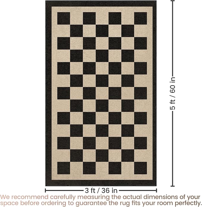 Washable Checkered Easy Jute Rug, 3x5 Black Checkerboard Boho Geometric Outdoor Indoor Patio Small Rugs, Low Pile Lightweight Non Slip Neutral Carpet Door Mat for Bedroom Entryway Front Door Farmhouse