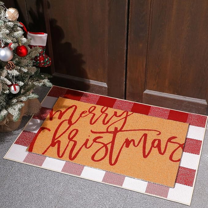 Tinideya 2 Pcs Door Mat Welcome Non Slip Coir Mats Floor Layering Doormats Seasonal for Front Porch Entryway Decor (23.6 x 35.4 Inches, Red White Plaid, Red White)