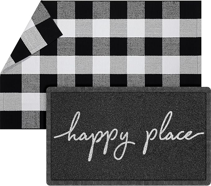 Geelin 2 Pcs 30'' x 18'' Doormat 43'' x 27.5'' Black and White Layered Rug for Front Door Mat Outside Entrance Welcome Door Mats for Indoor Outdoor Entryway Porch Decor(Happy Place)