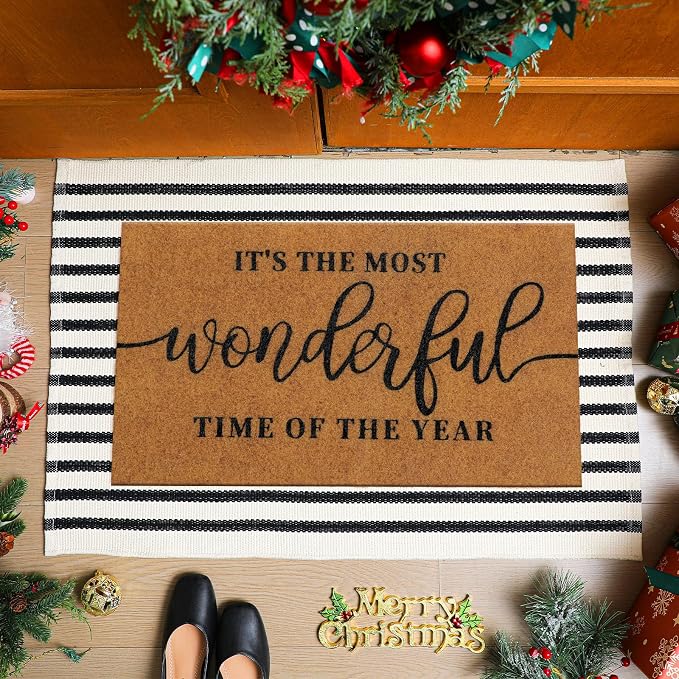 Moucuny 2 Christmas Coir Outdoor Mat, Non Slip | It Is The Most Wonderful Time of The Year Welcome Mat Black White Rug Front Porch Entryway Decor, 24'' x 35'', 16'' x 28''