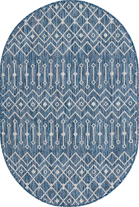 Unique Loom Outdoor Trellis Collection Area Rug - Tribal Trellis (4' 1" x 6' 1" Oval, Blue/ Ivory)