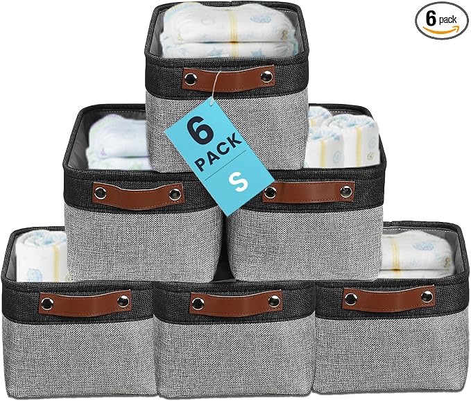 OrganiHaus 12x8in Canvas Storage Baskets, 6 Pack - Fabric Bins for Shelves | Vegan leather handles; a decorative pantry and office organizer, container for desk and books
