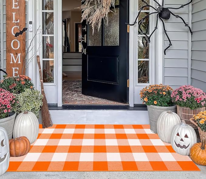 Orange and White Layered Doormat 27.5''x 43.3''Fall Outdoor Rug Cotton Woven Washable Farmhouse Door Mats Outdoor for Halloween Mat,Entryway,Bedroom,Patio