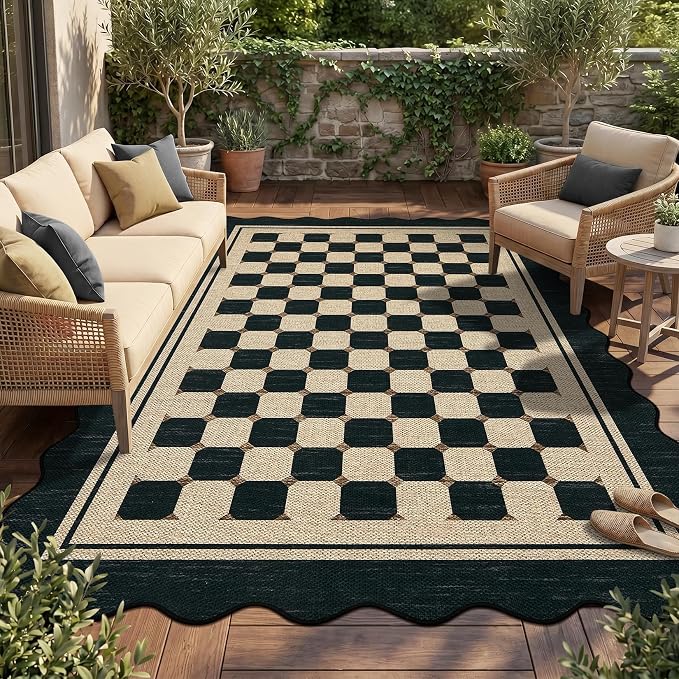 Garvee Scalloped Washable 5x7 Rug, Easy Jute Black Rugs for Living Room, Indoor Checkered Rug for Bedroom, Outdoor Farmhouse Non-Slip Dining Room Mat Modern Carpet Area Rug for Patio Home Office 5'x7'