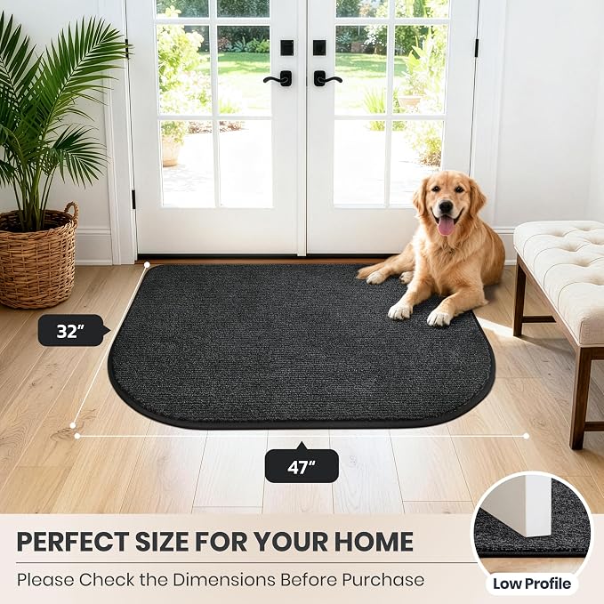 PURRUGS Dirt Trapping Door Mat Half Round 32" x 47", Non-Slip Machine Washable Entry Rug, Entrance Mat, Indoor Front Door Mat, Super Absorbent Entryway Rug for Muddy Shoes & Paws, Heathered Charcoal