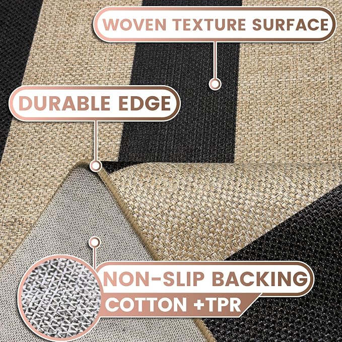 Washable Striped Easy Jute Rug, 5x7 Black Outdoor Indoor Patio Farmhouse Geometric Large Area Rugs, Low Pile Lightweight Non Slip Carpet Mat for Living Dining Room Bedroom Classroom Backyard Kitchen