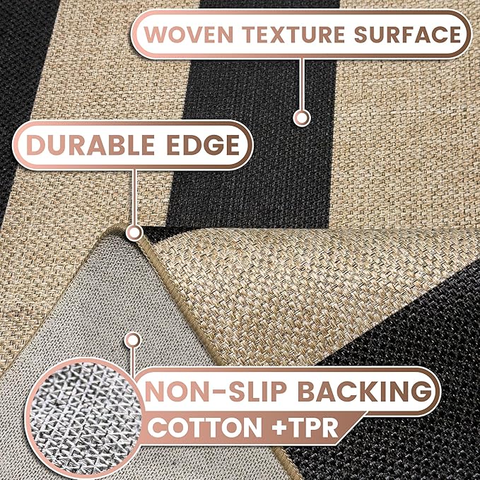 Washable Striped Easy Jute Rug, 3x5 Black Outdoor Indoor Patio Geometric Neutral Small Area Rugs, Low Pile Lightweight Non Slip Carpet Mat for Living Bedroom Entryway Front Door Farmhouse Doorway