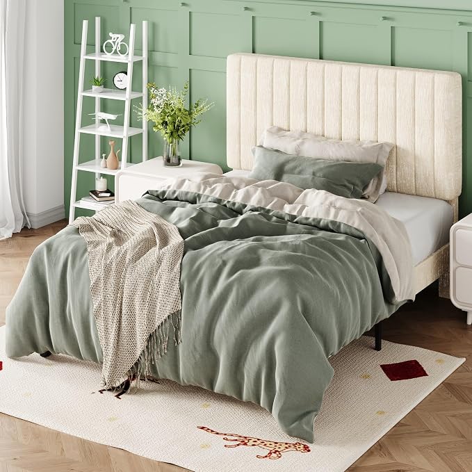Allewie Twin Bed Frame, Upholstered Platform Bed with Adjustable Vertical Channel Tufted Headboard, Mattress Foundation with Strong Wooden Slats, Box Spring Optional, Easy Assembly, Chenille White
