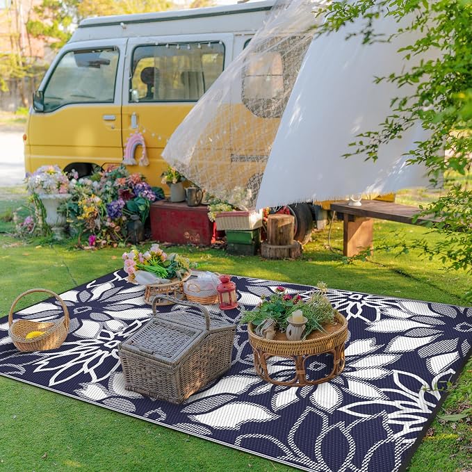 GENIMO Outdoor Rug, Waterproof Plastic Rugs for Patio, 5'x8' Ocean White | Outside Larger Leaf Carpet Mat for Porch Decor, Deck, Balcony, Camping, RV, Backyard, Picnic, Beach, Reversible, Foldable