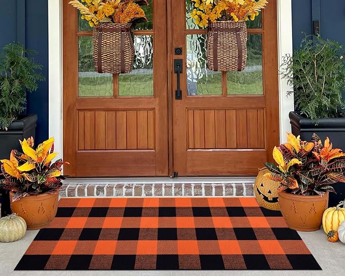 Orange and Black Outdoor Rug 2x4ft,Halloween Front Porch Rug Fall Cotton Woven Washable Layering Rug for Porch,Entryway,Hallway Indoor Outdoor