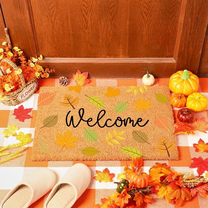 Moucuny 2 Pcs Fall Nature Coir Doormat Outdoor Maple Leave Welcome Mat, Orange and White Plaid Outdoor Rug Non Slip Floor Door Mat for Entrance Front Porch Decor, 24'' x 35'', 16'' x 28''