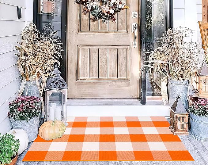 Fall Door Mat Outdoor 24''x35''Orange and White Outdoor Porch Rug Cotton Woven Washable Layered Doormat for Halloween Door Mat,Kitchen,Farmhouse,Entryway