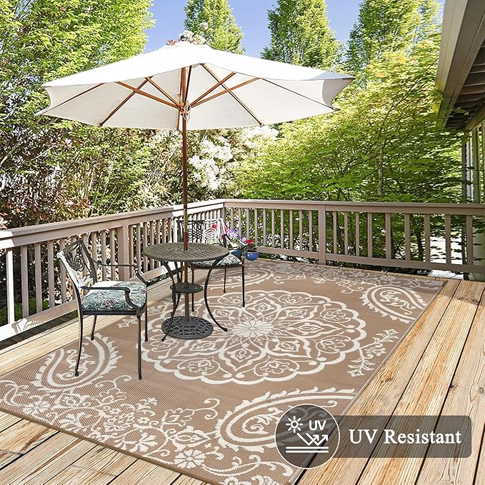 Pauwer Outdoor Rug 6x9, Waterproof Plastic Straw Camping Rug, Boho Brown | Reversible Patio Rug, UV Resistant Indoor Outdoor RV Mat Carpet For Deck, Camper, Porch, Balcony, Backyard, Picnic, Foldable