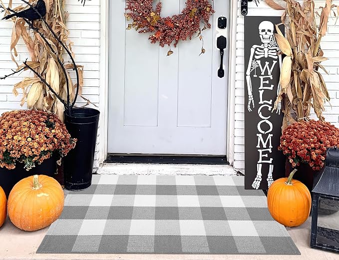Door Mats Outdoor 24''X35'' Buffalo Plaid Front Porch Rug Cotton Woven Washable Outdoor Rug Small Area Rug for Welcome Door Mat Entryway Dining Room Bedroom Living Room
