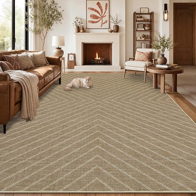 Garvee Washable Easy Jute Living Room Rug - Striped Outdoor Rugs 9x12 for Patio, Large Farmhouse Indoor Outdoor Carpet, Non Slip Low Pile Stain Resistant Carpet for Bedroom Dining Room 9'x12'