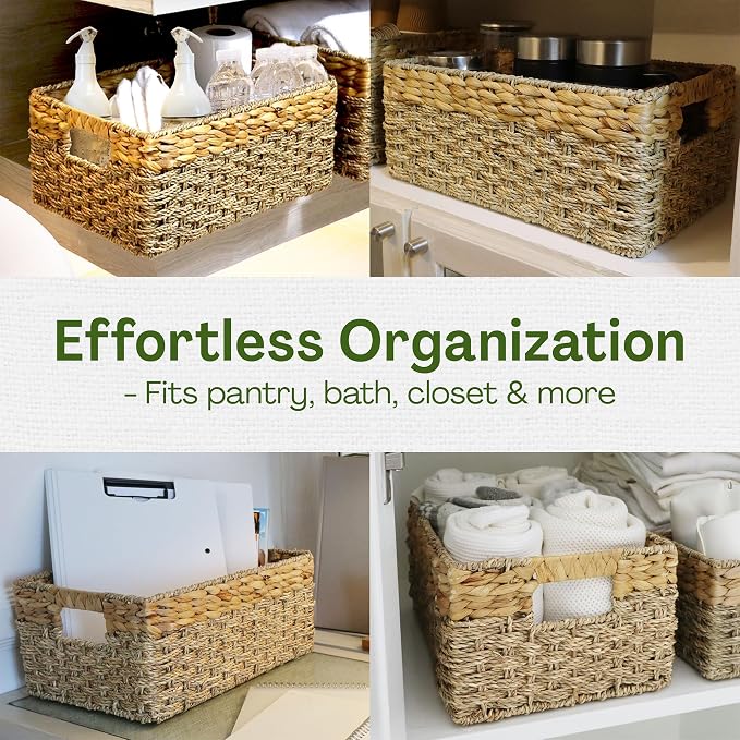Large Wicker Storage Baskets with Handles, 17 x 11 x 7.5 Inches | Natural Seagrass and Hyacinth, Woven Storage Basket, For Organizing Shelves, Closet, Pantry, Living Room
