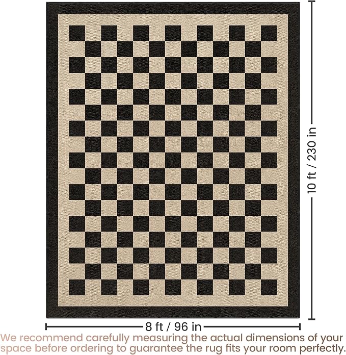Washable Checkered Easy Jute Rug, 8x10 Black Checkerboard Boho Geometric Outdoor Indoor Patio Large Area Rug, Low Pile Lightweight Non Slip Carpet Mat for Living Dining Room Bedroom Classroom Backyard