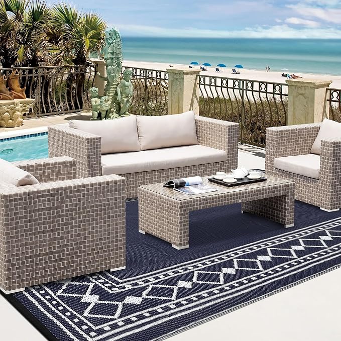 Waterproof Reversible Outdoor Rug – Durable Plastic Straw Patio Mat, Easy-Clean, Carry Bag & Stakes – Modern Geometric Edge, 9x12ft, Black Blue/White – Specification