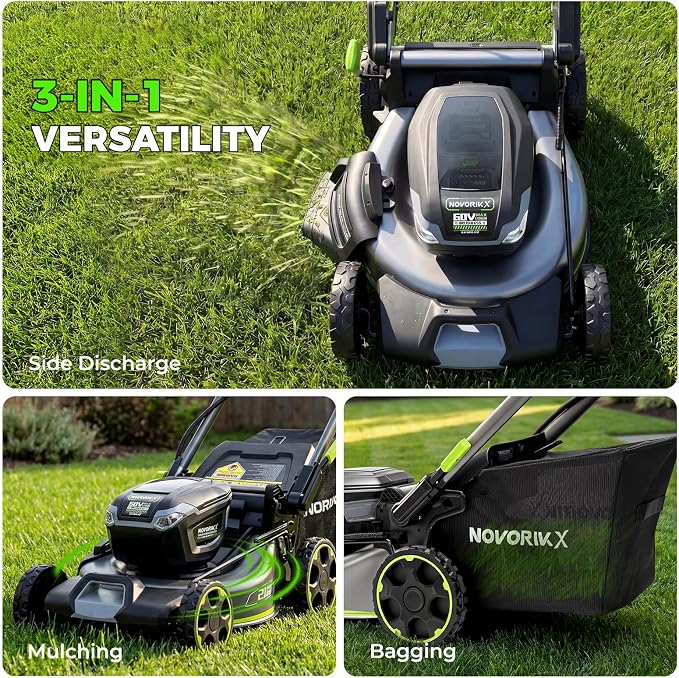 NovorikX 60V 5Ah Self-Propelled Electric Cordless Lawn Mower with 5.0Ah Battery 21-Inch, Brushless Mower for Large Yards, LED Headlight, Rapid Charger 3-in-1 Versatility Obsidian Series