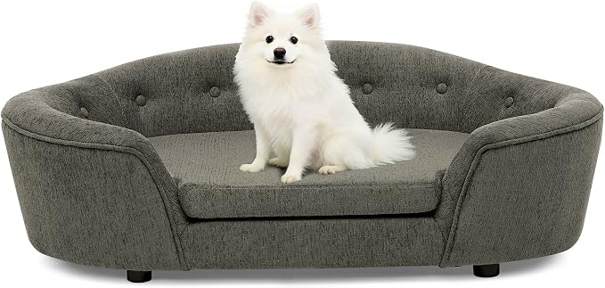 Dog Couch Bed with Oval Semi-Enclosed, Durable Linen Material Pet Sofa with Soft Foam Cushion, Dog Sofa Bed with Legs for Medium Dogs, Dark Grey