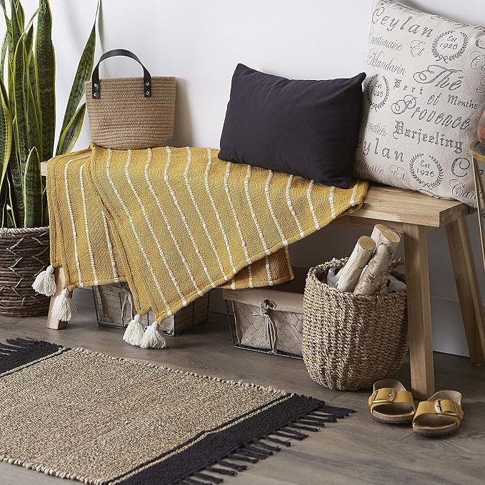 DII Striped Throw Collection Cotton Slub, Hand-Tied Tassels, 50x60, Honey Gold & Off-White