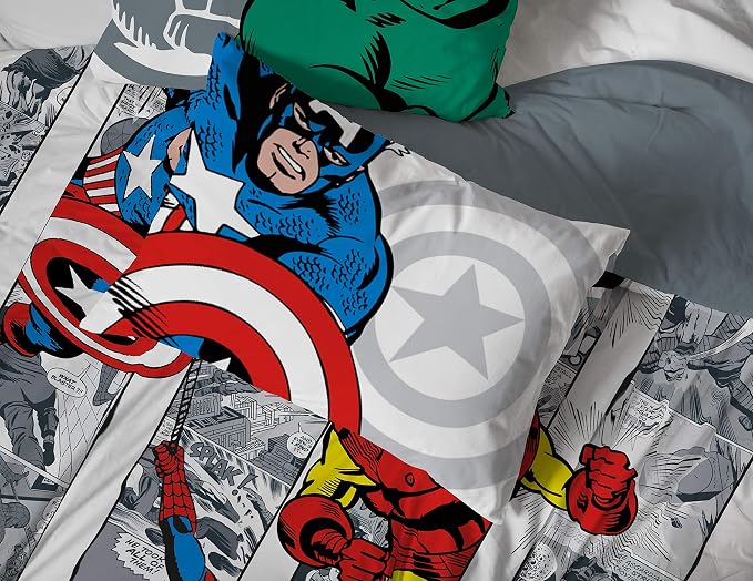 Marvel Comics Avengers Full Size Comforter Set 7 Piece Kids Bedding, Multi | Spiderman Hulk Captain America, Comforter Sheets Shams Pillowcases, Soft Microfiber, Machine Washable, Boys Gift